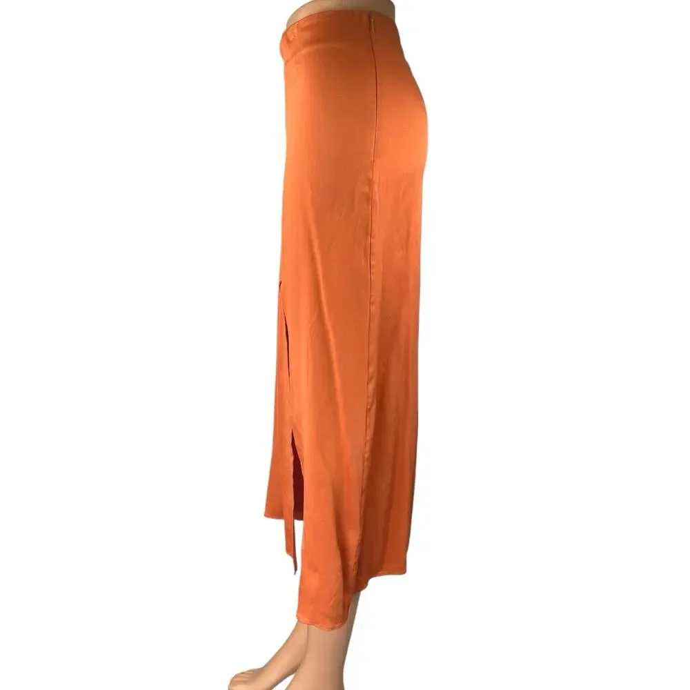 & Other Stories Orange Silky Satin Zipper Slit Midi Straight Pencil Slip Skirt 2